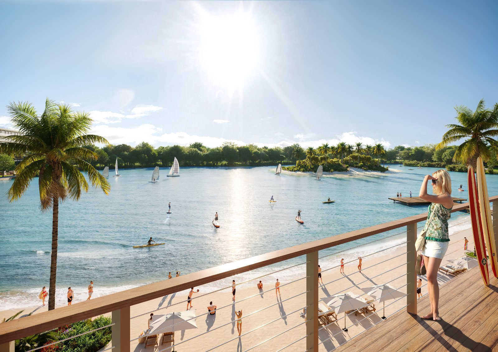 Beachfront view over the 20-acre lake with paddleboarding, sailing and a sandy shore