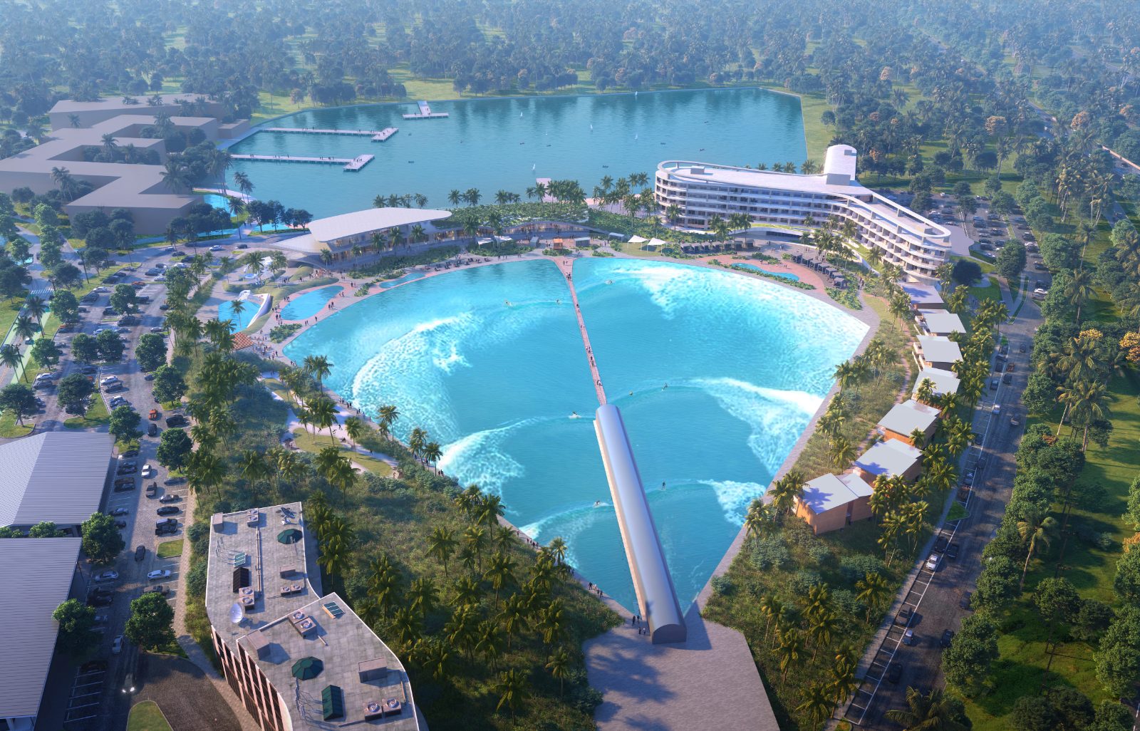 Aerial of the Koa Bay surf lagoon, clubhouse and resort residences